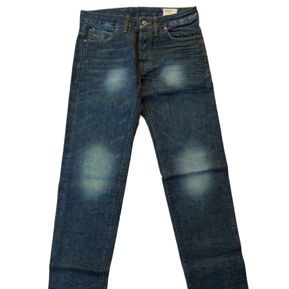 G-Star Raw 3301 Red Listing Hammered Low Tapered Blue Denim Jeans Sz 29 x 32 NWT